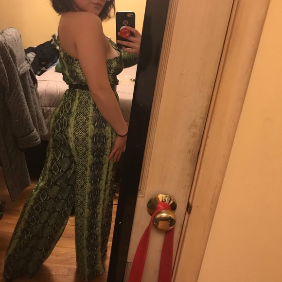 snake print one shoulder jumpsuit
